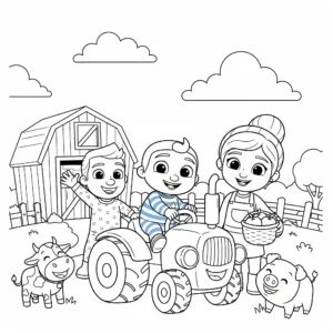 coloriage La famille Cocomelon à la ferme pour enfant gratuit