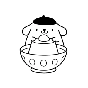 coloriage Le bol de Pompompurin avec du flan à imprimer kawaii