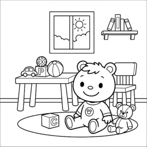 coloriage Petit Ours Brun à la Crèche de pour enfants