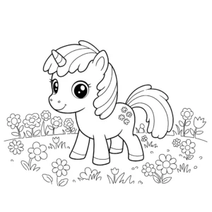 coloriage Poney dans un champ de fleurs en ligne