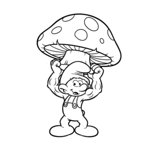 coloriage Schtroumpf costaud soulevant un champignon et decoupage