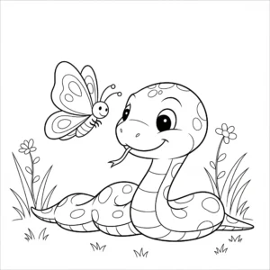 coloriage Un bébé serpent jouant avec un papillon à imprimer pour enfant de 8 ans
