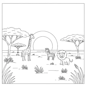 coloriage Un coucher de soleil sur la savane a imprimer gratuitement