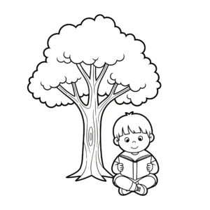 coloriage Un enfant qui lit sous un arbre en ligne