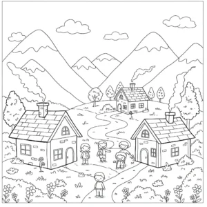 a imprimer coloriage Un village de montagne paisible gratuit