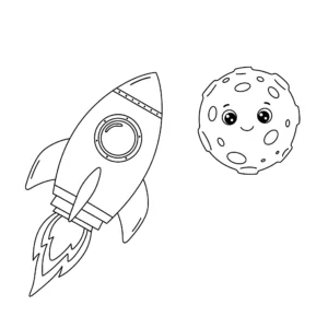 coloriage Une fusée et une planète à imprimer kawaii