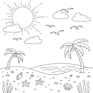 coloriage Une plage ensoleillée gratuit à imprimer