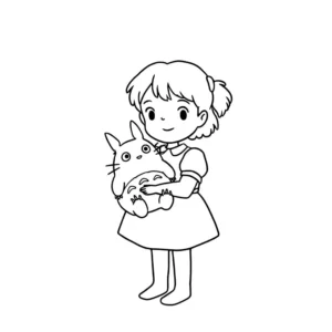 coloriage Mei tenant un petit Totoro et apprentissage