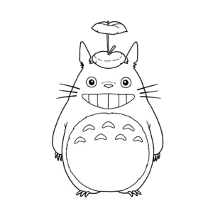 coloriage Totoro souriant avec une feuille sur la tête pour primaire