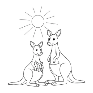 coloriage Une famille de kangourous sous le soleil pour enfants a imprimer