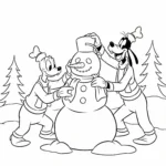 coloriage Donald et Dingo décorant un bonhomme de neige pour enfant à imprimer