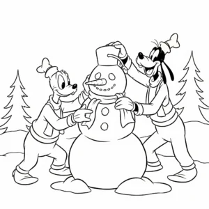 coloriage Donald et Dingo décorant un bonhomme de neige pour enfant à imprimer