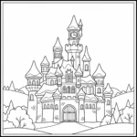 coloriage Le château de la Belle au Bois Dormant enneigé à imprimer pdf gratuit