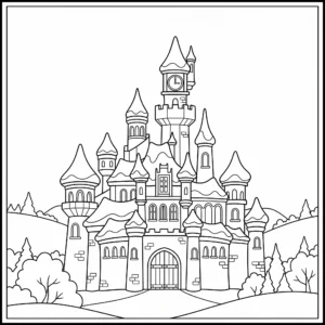 coloriage Le château de la Belle au Bois Dormant enneigé à imprimer pdf gratuit
