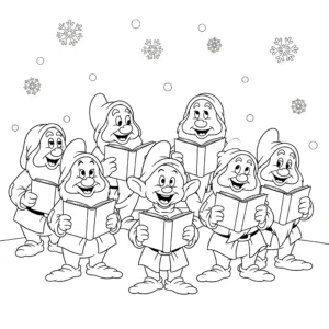 coloriage Les 7 Nains chantant des chants de Noël pour enfant de 5 ans