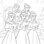 imprimer coloriage Les princesses Disney chantant des chants de Noël gratuit