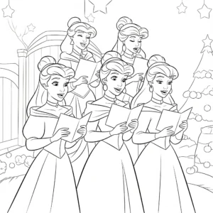 imprimer coloriage Les princesses Disney chantant des chants de Noël gratuit