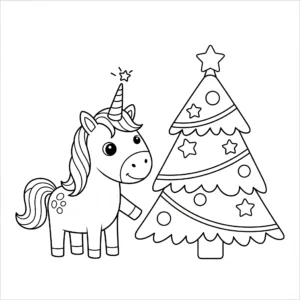 coloriage Licorne Joyeuse près du Sapin à imprimer pdf gratuit