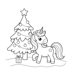 coloriage Licorne et un sapin de Noël pour enfant de à imprimer