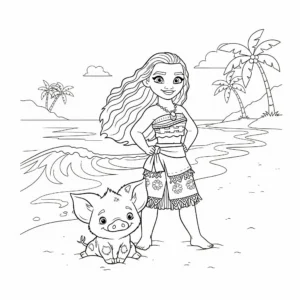 coloriage Moana et Pua sur la Plage gratuit en ligne