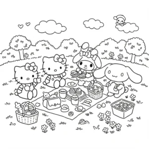 coloriage Un groupe d’amis Sanrio gratuit à imprimer
