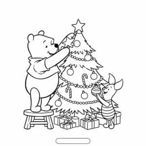 coloriage Winnie l’Ourson et Porcinet décorant un sapin de Noël gratuit pour enfants