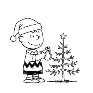 coloriage Charlie Brown décore le petit sapin de Noël pour enfants a imprimer