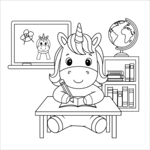 coloriage La Licorne en classe gratuit a imprimer
