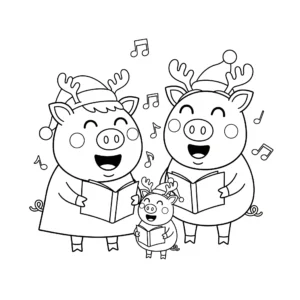 coloriage La famille Pig chantant des chants de Noël a imprimer gratuitement