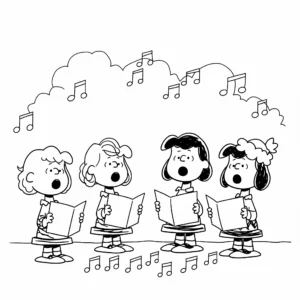 coloriage Le groupe de la Bande à Charlie Brown chantant des chants de Noël gratuit pour enfants