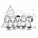 coloriage Le groupe des Peanuts chantant des chants de Noël à imprimer kawaii