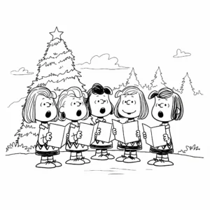 coloriage Le groupe des Peanuts chantant des chants de Noël à imprimer kawaii