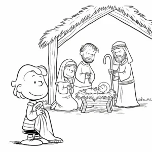 coloriage Linus et sa couverture près de la crèche pour enfants a imprimer