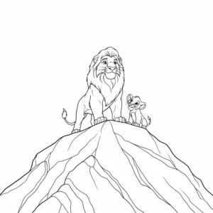 coloriage Mufasa et Simba sur le Rocher des Lions pour enfants a imprimer