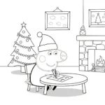 coloriage Peppa Pig écrivant sa lettre au Père Noël pour enfant à imprimer