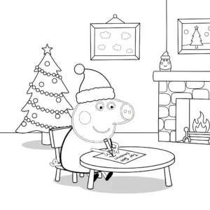 coloriage Peppa Pig écrivant sa lettre au Père Noël pour enfant à imprimer