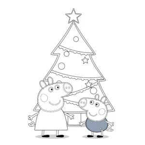 coloriage Peppa et George devant le sapin de Noël et dessin a imprimer