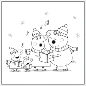 coloriage Peppa et sa famille chantent des chants de Noël et decoupage a imprimer gratuit