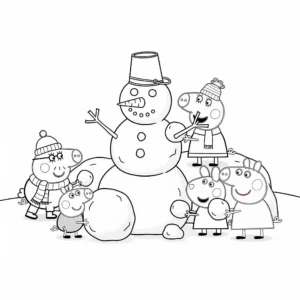 coloriage Peppa et ses amis faisant un bonhomme de neige pour enfant de 2 ans