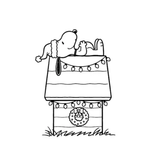 coloriage Snoopy sur sa niche de Noël educatif pour enfant