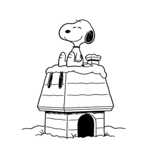 coloriage Snoopy sur sa niche enneigée pour enfant de 10 ans