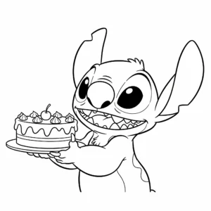 coloriage Stitch avec un gâteau pour bebe a imprimer