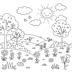 coloriage Un paysage de printemps à imprimer pour enfant de 7 ans