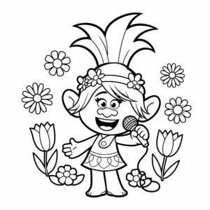 coloriage Poppy chantant avec des fleurs et dessin a imprimer