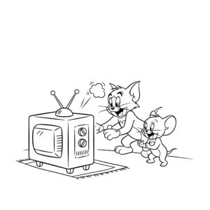 coloriage Tom et Jerry regardent la télévision pour enfant à imprimer