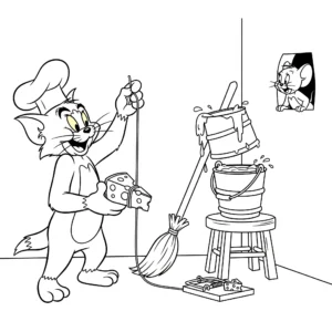 coloriage Tom qui prépare un piège pour Jerry de pour enfants
