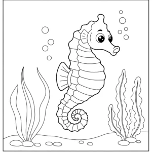 coloriage Un hippocampe dans les algues pour enfant à imprimer