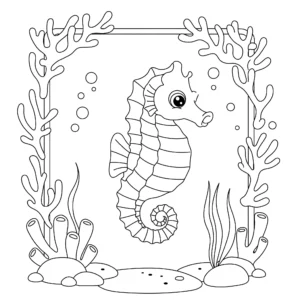 coloriage Un hippocampe dans un cadre de corail à imprimer pour enfant de 7 ans