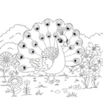 coloriage Un paon dans un jardin fleuri a dessiner en ligne