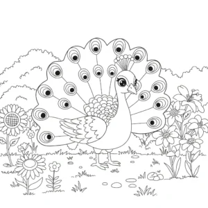 coloriage Un paon dans un jardin fleuri a dessiner en ligne